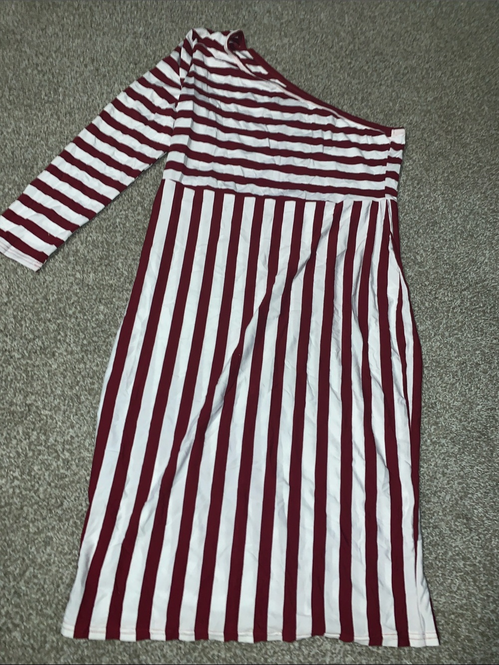Striped One-Shoulder Midi Dress in Burgundy and White